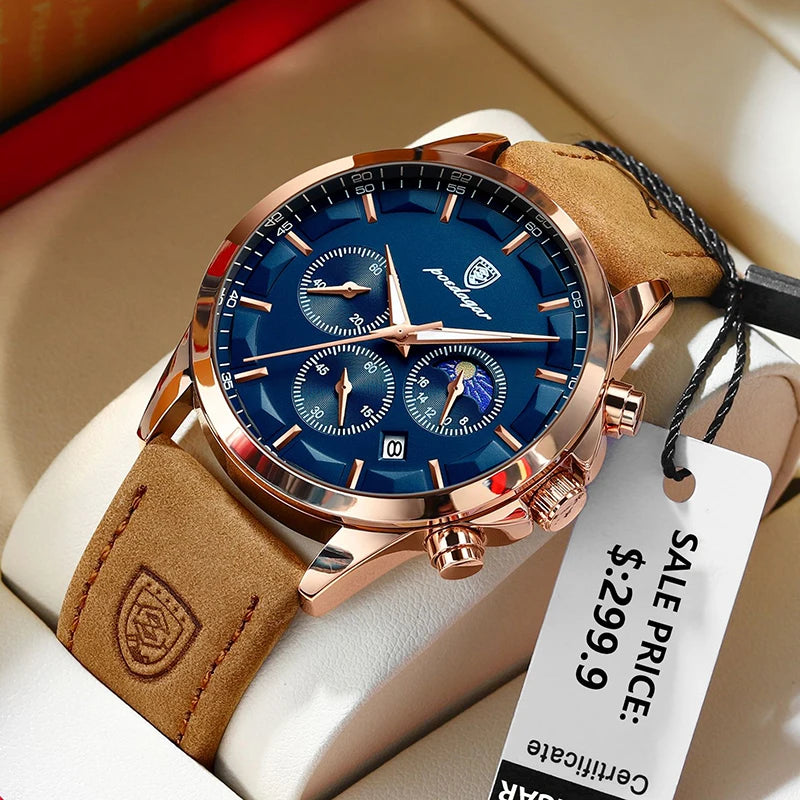 POEDAGAR Genuine Leather Men's Watch Fashion Luminous Calendar Stopwatch Male Clock Waterproof Moon Phase Quartz Wristwatch Man