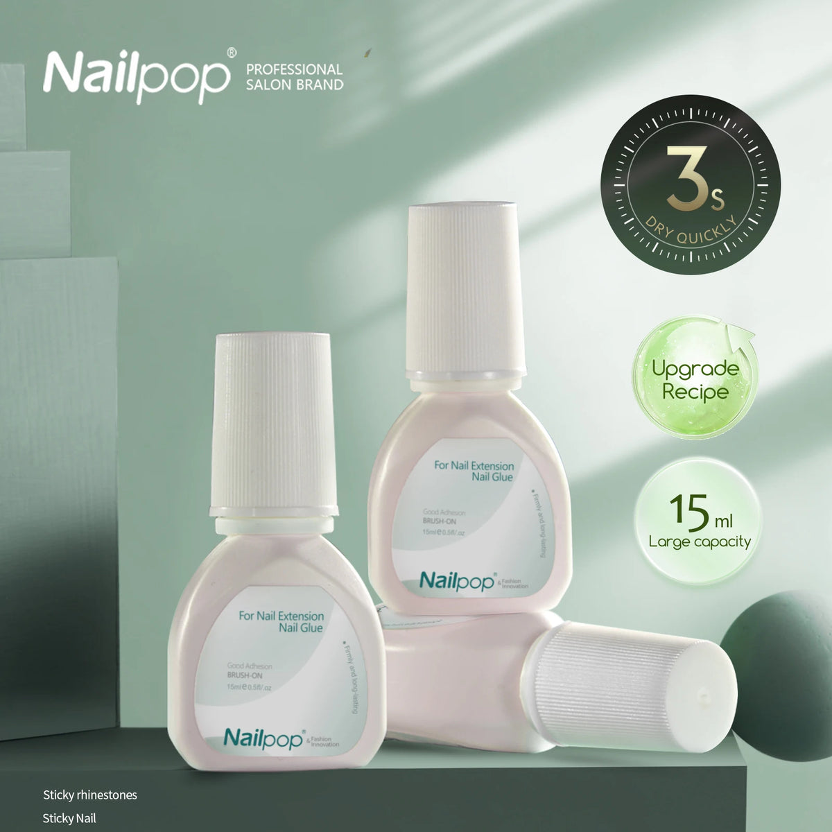 Nailpop 3S Fast Drying Nail Glue for Nail Tips Super Strong Nail Art Accesories Manicure Tool Rhinestone Gel Glue Withs Brush