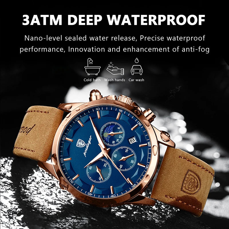 POEDAGAR Genuine Leather Men's Watch Fashion Luminous Calendar Stopwatch Male Clock Waterproof Moon Phase Quartz Wristwatch Man